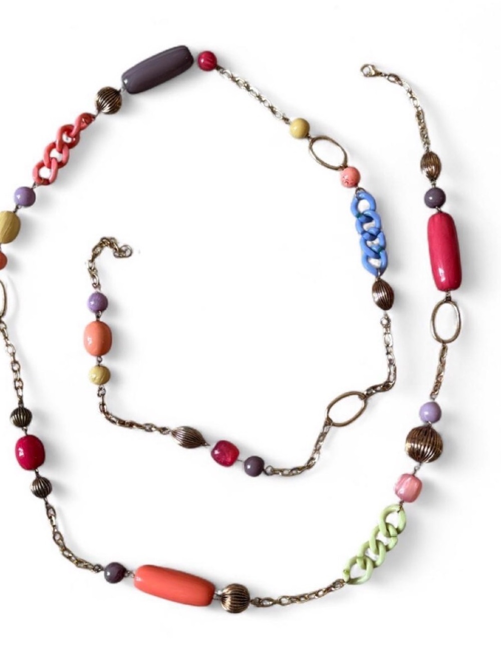 Long Multicolor Bead & Chain Statement Necklace with Gold-Tone Links